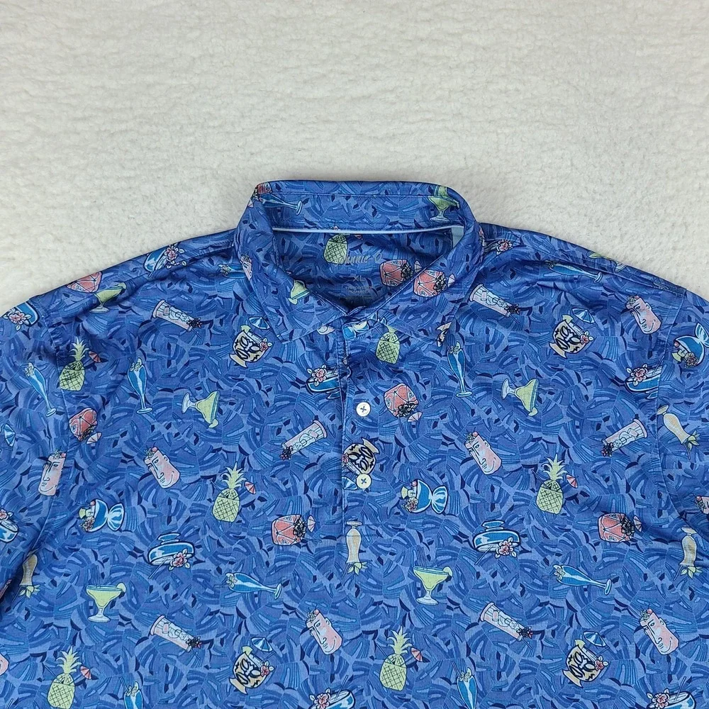 Johnnie-O Polo Shirt Mens XL Blue Tropical Drink Hawaiian Performance Golf